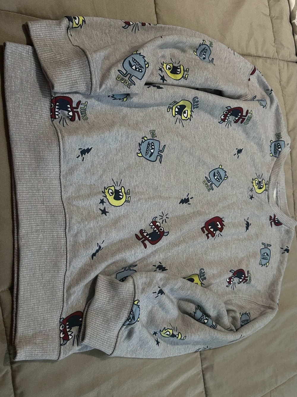 Boys Gray Crewneck Sweater with Playful Monster Print